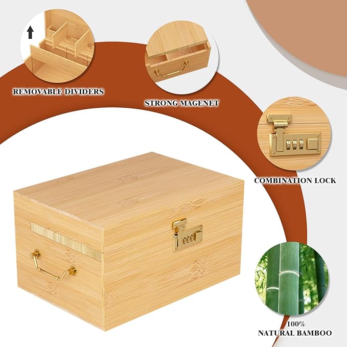 Lockable stash box with rolling tray – Premium bamboo box organizer with grinder, jars & brushes | Stylish wooden stash boxs, spacious Storage Box, great large stash box for home,Holiday Gift