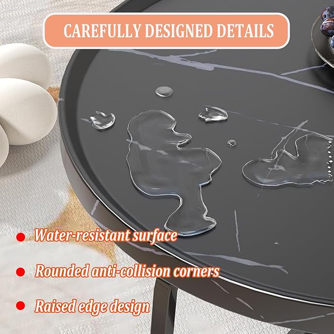 Round Coffee Table, 20 inch Circle Coffee Table with Fluted & Sturdy Metal Legs, Small End Table Center Table for Living Room Bedroom Office Balcony Yard (Black, 20 inches)