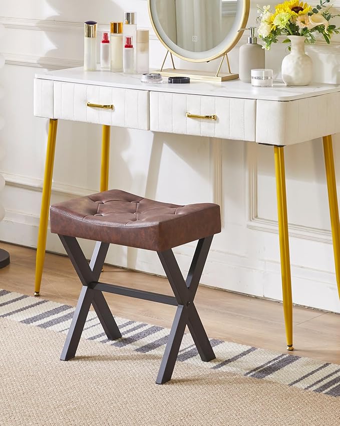 IBUYKE U-Shaped PU Vanity Stool, Square Makeup Chair with X-Leg, Ottoman Seat Footrest Stool, Multi-Use as Small Side Table, for Bedroom, Living Room, Dark Brown WBD019Z