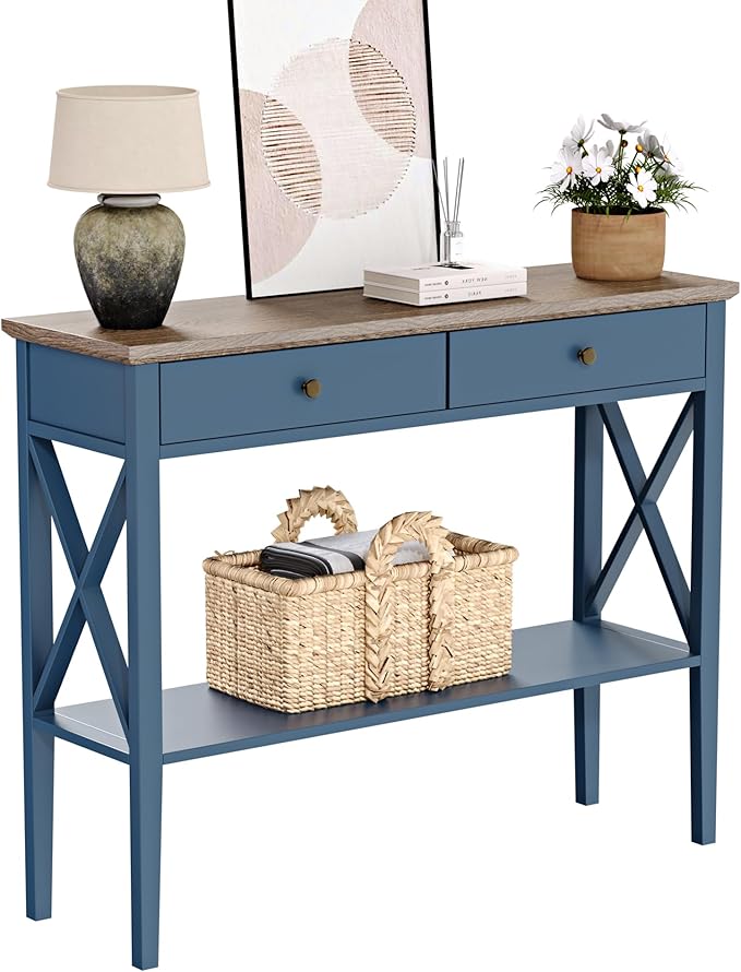 ChooChoo 47.24" Console Table with Drawers, Narrow Wood Accent Sofa Table Entryway Table with Storage Shelf for Entryway, Front Hall, Hallway, Living Room, Blue
