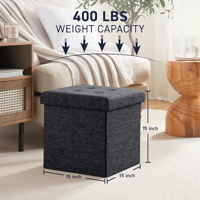 Ornavo Home Foldable Tufted Linen Storage Ottoman Square Cube Foot Rest Stool/Seat - 15" x 15" x 15" (Black)