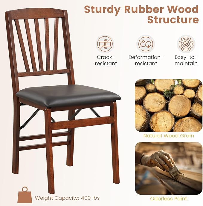 Folding Chairs Set 4, Wooden Foldable No Assembly Chair-Set with Padded Seats, Solid Wood Frame, 400 lbs Weight Capacity, Space Saving Dining Chairs for Small Space, Guests Kitchen (4, Slatted Back)