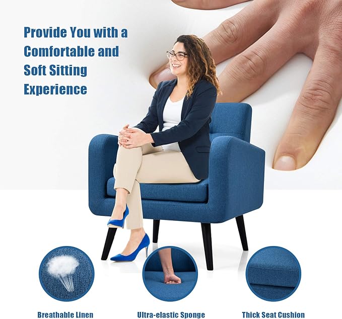 Giantex Upholstered Accent Chair, Modern Mid Century Linen Fabric Living Room Chair with Arms, Max Load 265 Lbs, Comfy Tufted Single Sofa for Reading, Bedroom, Office, Club, Blue