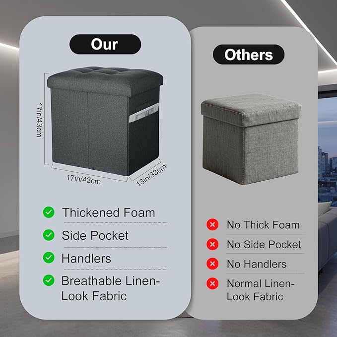 Small Ottoman with Storage, 61L Slim Tall Foldable Ottoman Foot Rest Stool with Thicker Foam Padded Seat. Linen Storage Bench for Bedroom Living Room, 300lbs Weight Support, 17x13x13IN, Gray Black