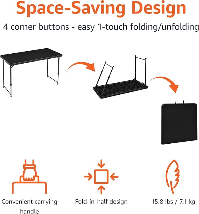 Amazon Basics 4 Foot Rectangular Folding Dining Table, 4 Adjustable Height Settings with Carrying Handle, Indoor & Outdoor, Washed Black, 47.8 x 23.9 x 33.9 in