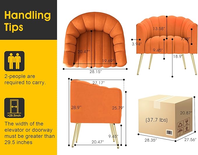 Oversized Pumpkin Couch Accent Chair, Modern Comfy Velvet Upholstered Barrel Chairs, Luxury Single Sofa Armchair for Living Room, Waiting Room, Office and Vanity, (Orange)