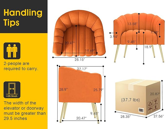 Oversized Pumpkin Couch Accent Chair, Modern Comfy Velvet Upholstered Barrel Chairs, Luxury Single Sofa Armchair for Living Room, Waiting Room, Office and Vanity, (Orange)