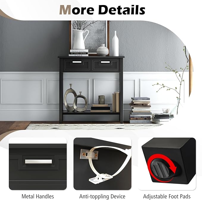 KOTEK Console Table with 2 Drawers & Shelf, Narrow Sofa Table with Rubber Wood Legs, Small Entryway Table for Living Room, Hallway, Office (Black)