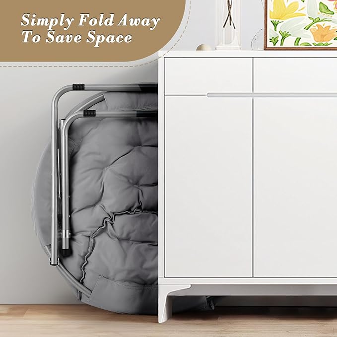 Athena Collection Comfy Saucer Chair Folding Cozy Chair for Bed Room Living Room Accent Chair Fabric Reading Chair Foldable Metal Frame Lazy Chair Moon Chair for Adult, Gray