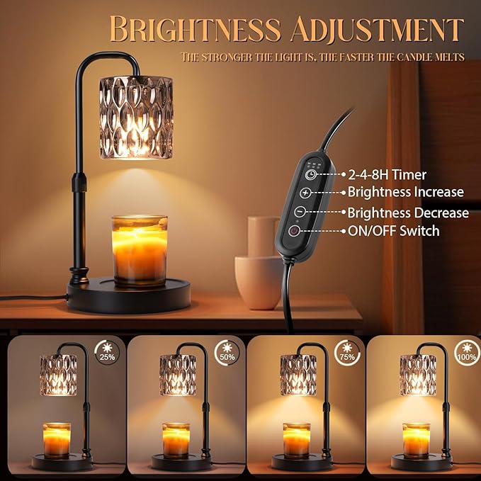 Crystal Candle Warmer Lamp with Timer &Dimmer, Adjustable Height Candle Wax Warmer Warming Lamp with 2x50W Bulbs for Scented Candles for Housewarming Bedroom Home Decor Mom Women