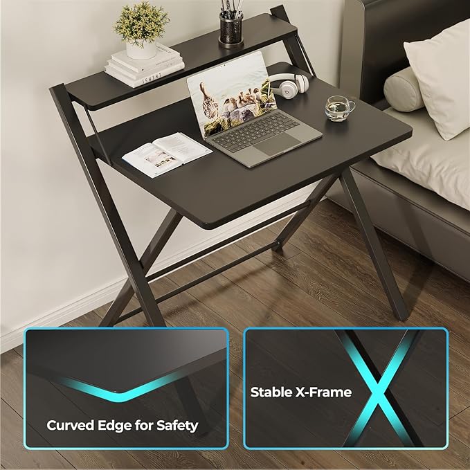 GreenForest No Assembly Folding Desk, 2-Tier Compact Computer Desk with Shelf, Space Saving Foldable Table for Home Office, Dorm or Apartment, Portable Collapsible Sturdy Laptop Desk, Black