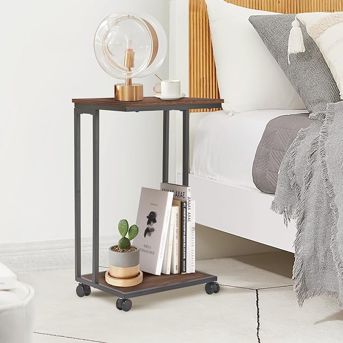 C-Shaped End Table for Couch, Slide Under Sofa Snack Table, Small TV Tray, C Table with Wheels, Laptop Desk for Living Room, Bedroom, Small Spaces,Brown