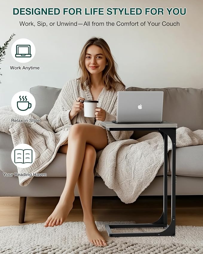 C-Shaped Side Table for Couch - Small Coffee Stand Sofa Tray Desk with Metal Frame and Waterproof Scratch Resistant, Modern End Accent for Living Room, Bedroom, Small Spaces, Greige