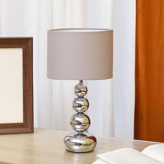 Small Modern Bedside Table Lamp, 7 x 7 x 13 Inch Farmhouse Table Lamps, Silver Metal Ball Table Lamp for Living Room Bedrooms and Office (Silver-Grey Fabric Lampshade)