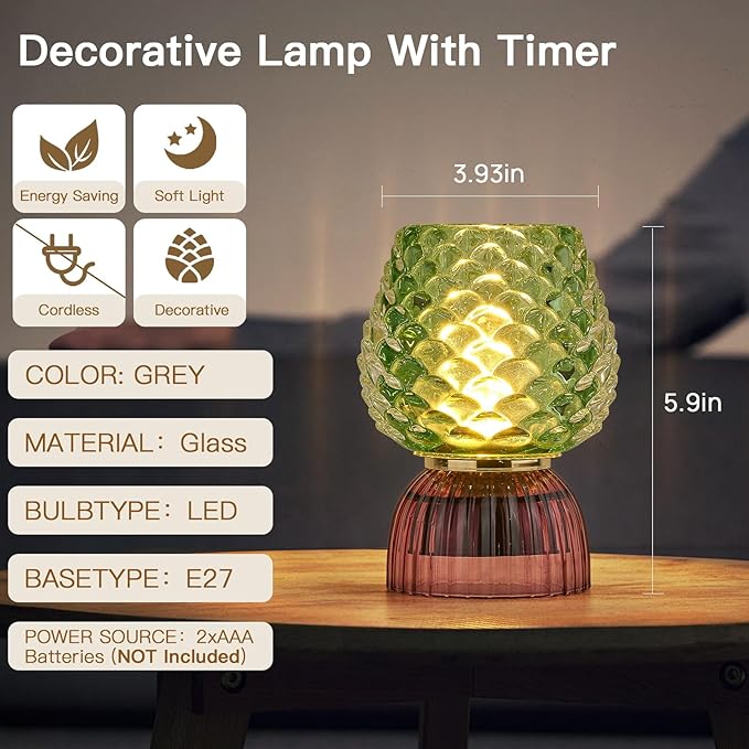 Battery Operated Lamp with Timer, Cute Small Cordless Glass Table Lamp for Home Decor, Kitchen, Bathroom, Birthday Gift for Women, Pinecone, Green