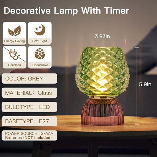 Battery Operated Lamp with Timer, Cute Small Cordless Glass Table Lamp for Home Decor, Kitchen, Bathroom, Birthday Gift for Women, Pinecone, Green