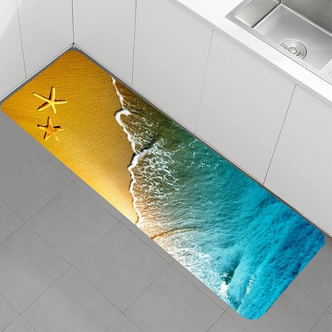 Bath Rugs Sponge Foam Absorbent Soft for Bathroom and Kitchen (47x18 inches), Flannel Mat Non Slip Bright 3D Print for Bedside and Living Room(Starfish Beach)