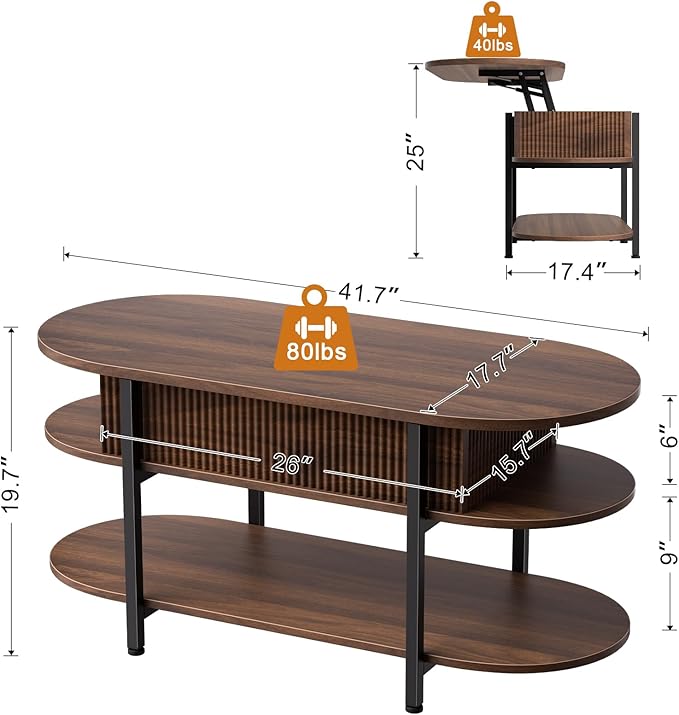 FABATO 41.7" Oval Lift Top Coffee Table, Fluted Wood Center Table with Hidden Storage, 3 Tier Oblong Tables with Curved Edge, Modern Elliptical Coffee Table for Living Room Reception Room, Walnut