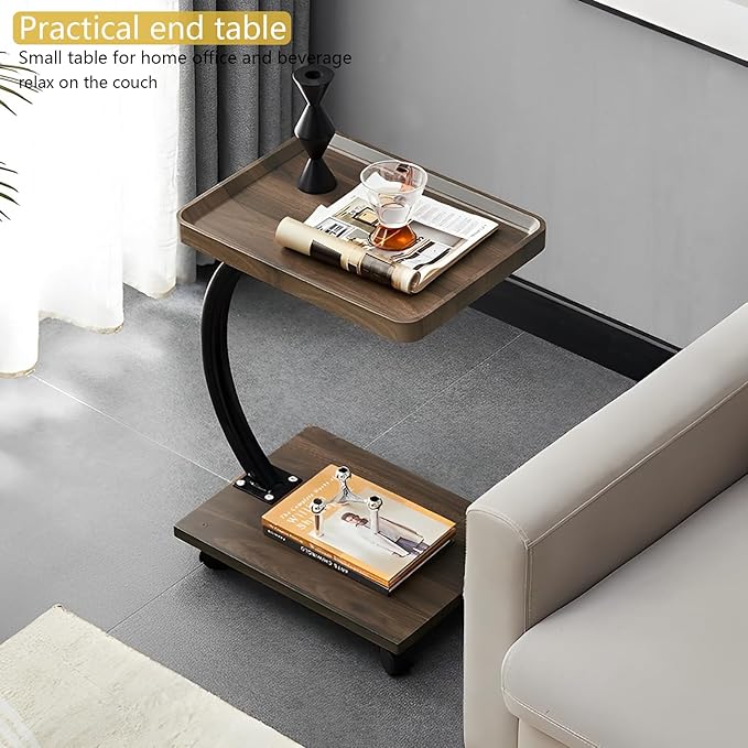 C Table End Table,360°Swivel TV Tray Table for Small Spaces, Couch Tables That Slide Under, C Shaped Side Tables with Wheels for Living Room and Bedroom, Bed,Chair, Snack Table