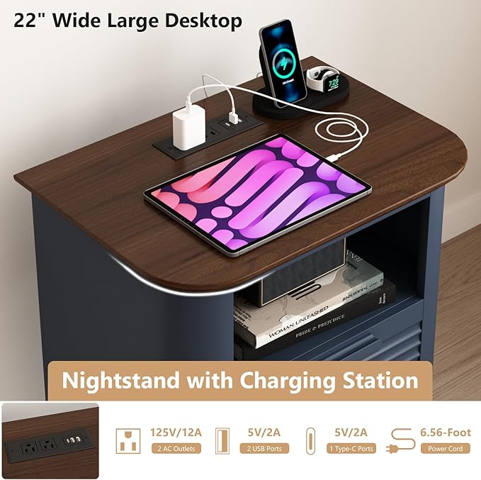 22'' Fluted Nightstand with Charging Station, Modern End Table with 2 Drawers and Open Storage, Wood Night Stand with Round Corner, Side Table for Bedroom, Living Room, Curved Profile,Dark Navy Blue