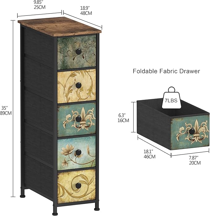 Tohomeor Narrow Storage Dresser Slim Dresser with Retro Flowers Fabric Drawers Vertical Skinny Cabinet for Small Spaces,Bathroom,Bedroom Closet Nightstand,Entryway Organizer (Retro Flower, 5 Drawers)