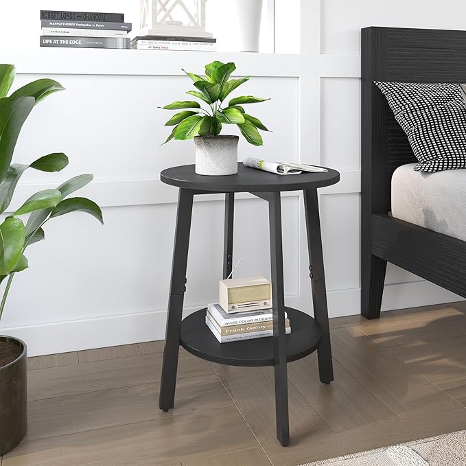 Side Table, Small Round End Table with Storage Shelf for Small Space, 2-Tier Black Bedside Table Sofa Couch Table, Round Accent Table Nighstands for Living Room, Bedroom, Black