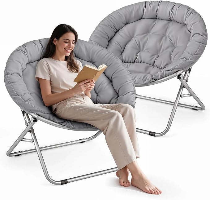 Athena Collection Comfy Saucer Chair, Folding Oversized Cozy Chair for Bedroom Living Room Fabric Reading Chair, Foldable Metal Frame Round Lazy Chair Moon Chair for Adult Set of 2, Gray