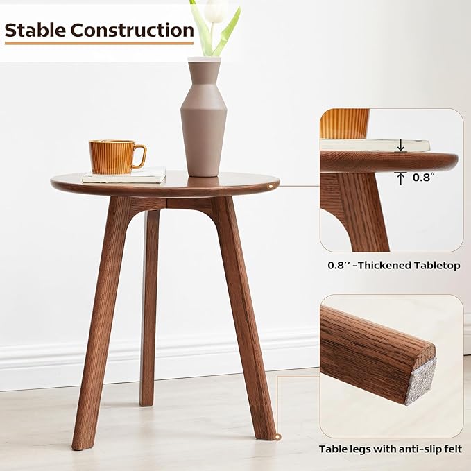 100% Solid Oak Round Side Table, Small Side Table for Small Spaces, 3-Legged Living Room End Tables with Stable Frame for Bedroom Couch Side Entryway, Walnut