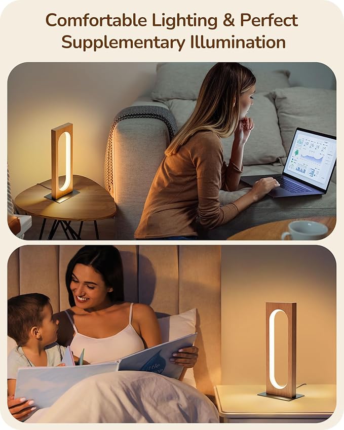 EDISHINE LED Table Lamp, Wooden Bedside Lamp with 3 Color Temperatures & Dimmable, Touch Control Square Nightstand Lamp for Bedroom Living Room, Memory Function, Dark Pearwood Color