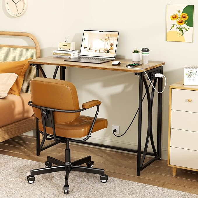 Small Desk, 31.5" Folding Table for Bedroom with Power Outlet, Space Saving Folding Computer Desk for Home Office, Easy Assembly, Brown