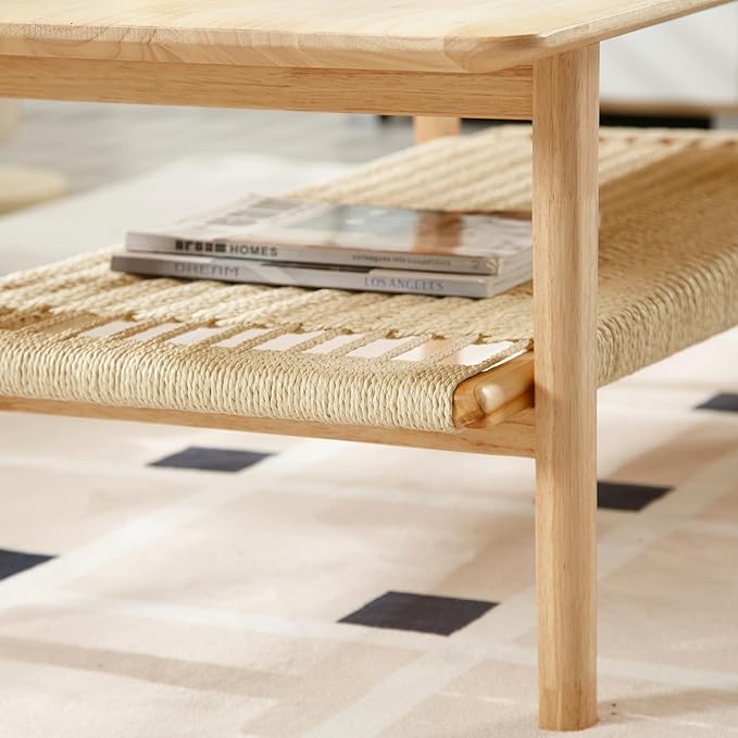 Farmhouse Coffee Table with Rattan Storage Boho Mid Centry Modern Center Table with Under Shelf Wood Living Room Table with Woven Shelf Underneath for Living Room Lounge, Natural Color