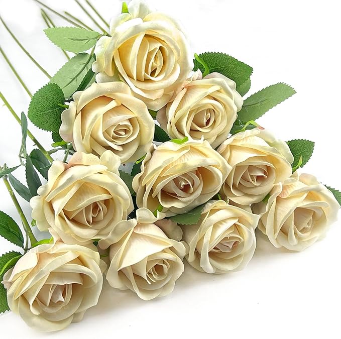 10 PCS Artificial Roses with Long Stems Silk Flowers Realistic Foam Flowers Fake Roses for Valentine's Day Home Wedding Halloween Decor(Champagne)