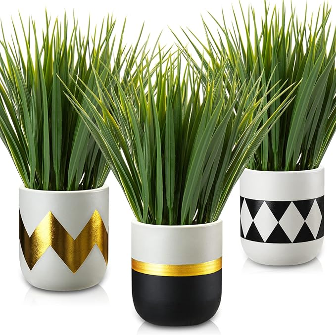 Artificial Plants Small Faux Plant Decor 3Pcs Fake Potted Plant Faux Plants in Pots Fake Grass Pot for Home Table Office Desk Room Bathroom House Indoor Decorative Gifts