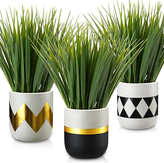 Artificial Plants Small Faux Plant Decor 3Pcs Fake Potted Plant Faux Plants in Pots Fake Grass Pot for Home Table Office Desk Room Bathroom House Indoor Decorative Gifts
