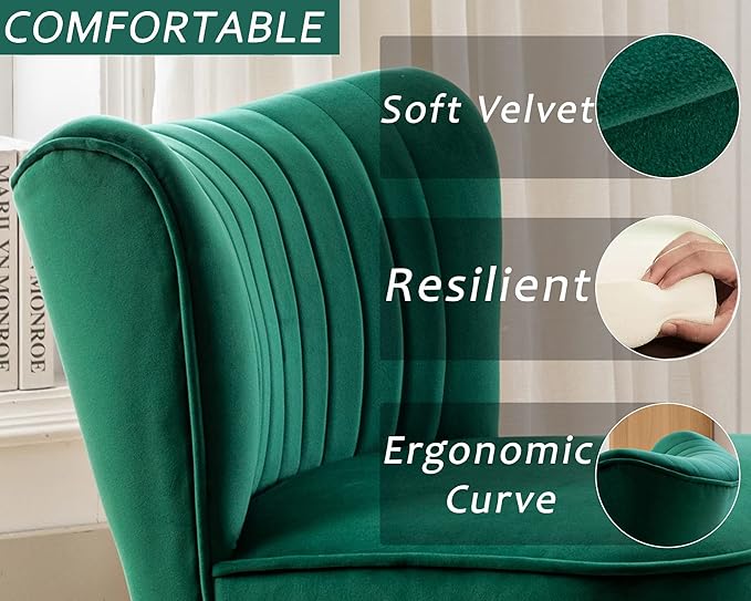 Velvet Accent Chair Set of 2 Comfy Living Room Chairs with Golden Legs Wingback for Bedroom Guest Room, Green