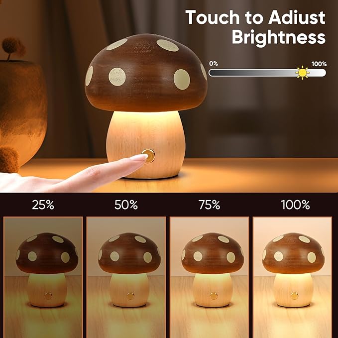 Wood Mushroom Lamp, Rechargeable Small Bedside Lamp, Touch Mushroom Night Light Small lamp for nightstand, Portable Battery Operated Lights for Bedroom Kids Birthday Gifts