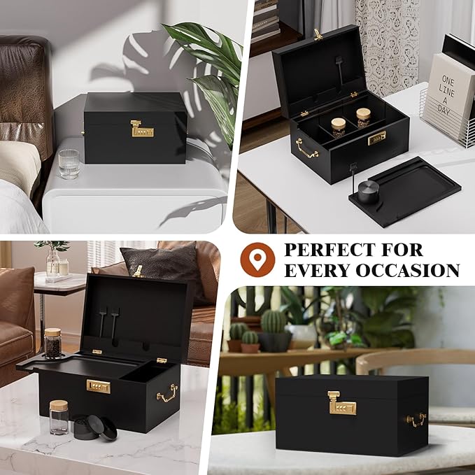 Lockable stash box with rolling tray – Premium bamboo box organizer with grinder, jars & brushes | Stylish wooden stash boxs, spacious Storage Box, great large stash box for home,Holiday Gift