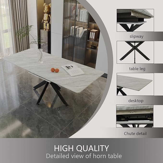 Marble Dining Table for 4-8, 62.4''-78.15'' Extendable Dining Table, Modern Kitchen Table, Space Saving Rectangular Table for Office and Dining Room (Grey)