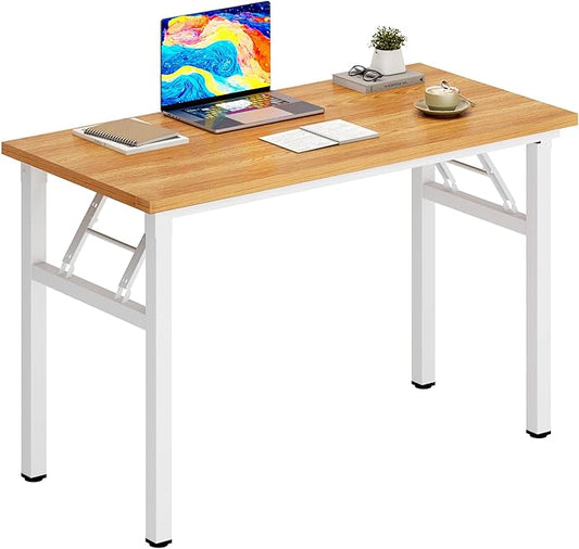 DlandHome Folding Desk Small Desk 31.5 inches Computer Desk for Home Office Folding Table Writing Table for Small Spaces No Assembly Required Teak & White Frame