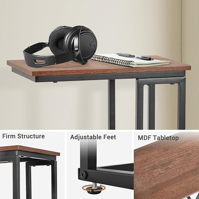 C-Shaped End Table, for Living Room, Bedroom, Small Spaces, TV Tray Couch Side Tables Laptop Table, Rustic Brown and Black