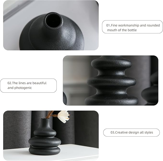 JOJUNO Black Bud Vases, Small Ceramic Vase Set of 5, Mini Pottery Vases for Flowers, Decorative Vases for Home Modern Decor, Boho Decor, Chic Vases for Living Room Dining Table Shelves