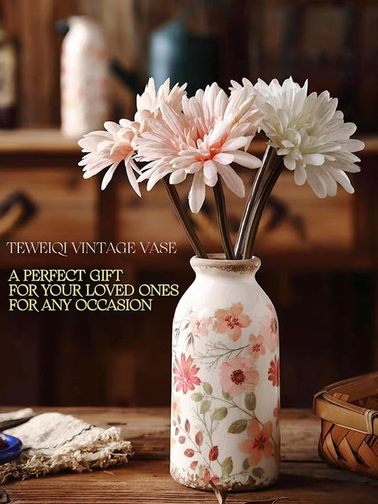 Vintage Flora Ceramic Vase Set, Retro Rustic Cute Vase Gift, Art Decorative Vase for Your Home, Kitchen, Bedroom, Office, Living Room, Bathroom, & Shelf Centerpiece Table Decorations