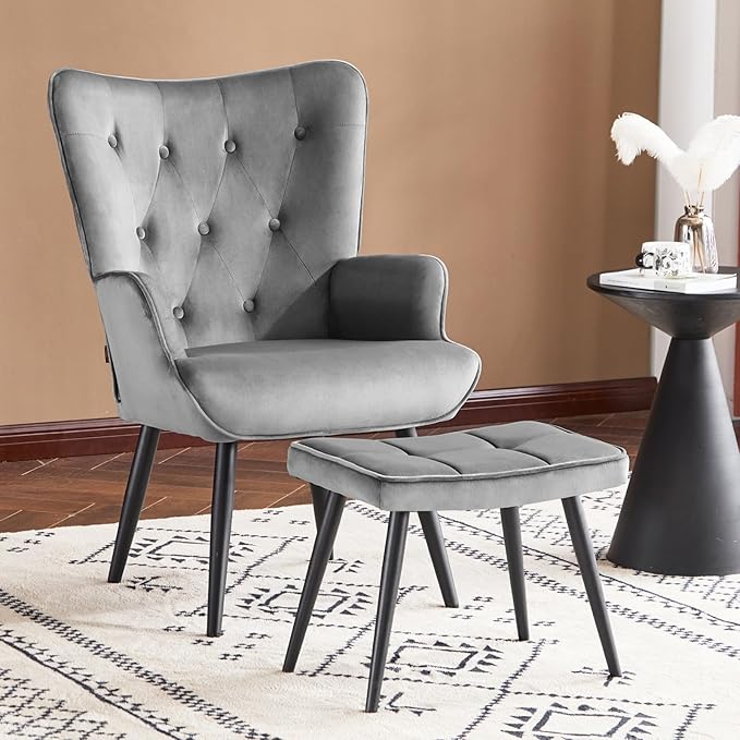 Furniliving Velvet Accent Chair with Ottoman, Upholstered Reading Chair with High Backrest, Tufted-Button Wingback Armchair for Bedroom, Dressing Room, Home Office, Grey