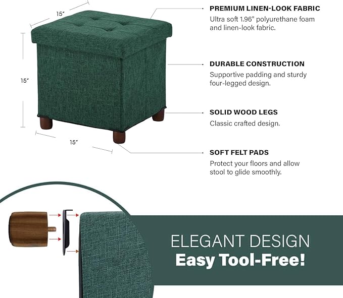 15 Inches Storage Ottoman with Wooden Legs, Cube Foot Rest Stool/Square Footstool Storage for Living Room, Foldable Fabric Ottoman, Comfortable Seat with Lid, Space-Saving Green