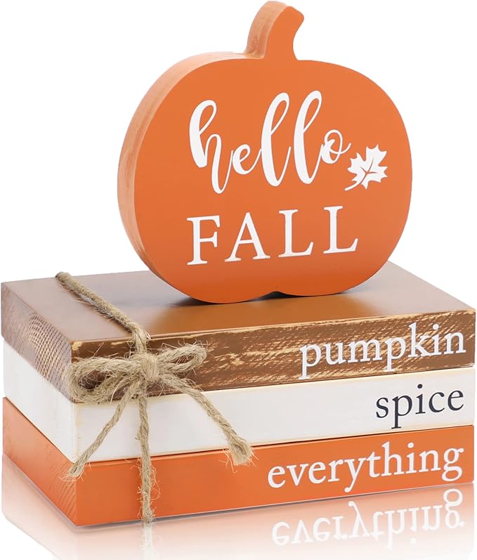 KORMMCO Thanksgiving Fall Wood Book Stack, Fall Thanksgiving Decorations Tiered Tray,Hello Fall Decor, Autumn Mini Faux Decorative,Farmhouse Mini Decorative Books Bundle