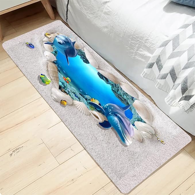 Bath Rugs Sponge Foam Absorbent Soft for Bathroom and Kitchen (71 x 24 inches), Flannel Mat Non Slip Bright 3D Print for Bedside and Living Room(Heart-Shaped Beach Dolphin)