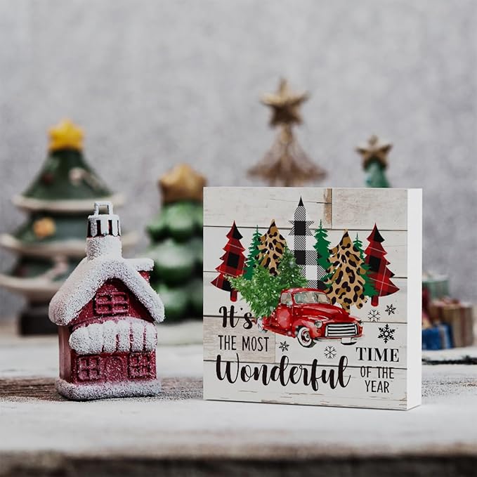 Rustic Winter Merry Christmas Tree Wood Box Sign, It's the Most Wonderful Time of the Year Truck Farmhouse Christmas Santa Artwork Decor, Home Shelf Office Decoration 5 x 5 Inches