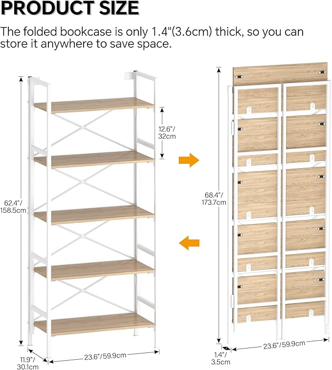 Folding Bookshelf,5 Tier Bookcase Foldable Shelf with X-Bracket Design, Adjustable Feet, Space Saving Storage for Living Room, Office, Light Coffee