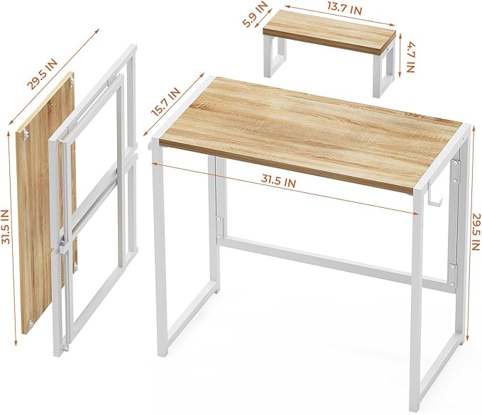 Folding Desk with Monitor Stand, 31.5 Inch Foldable Computer Desk with Hook, Sturdy Small Space Saving Writing Table for Home Office Dorm, Oak