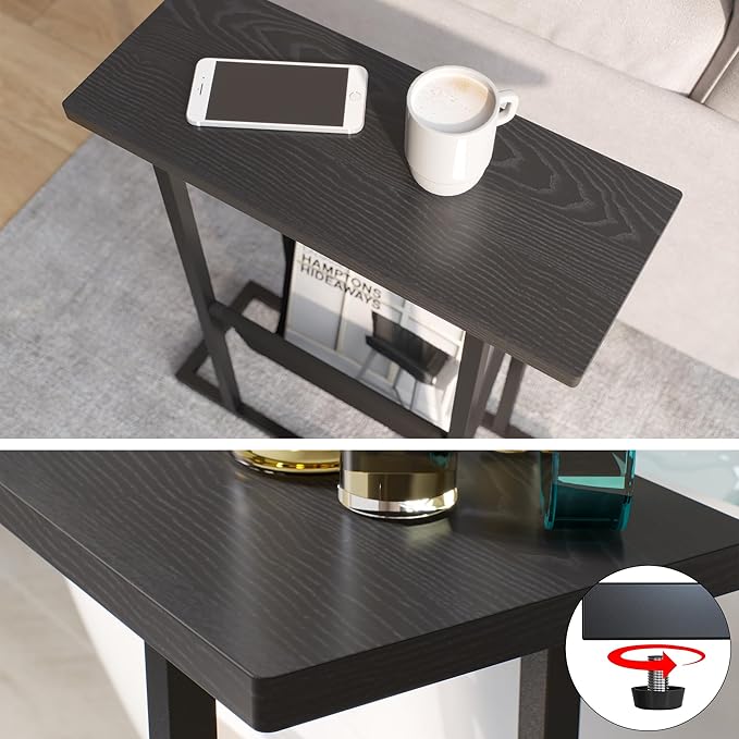 Yusong Narrow Side Table for Small Spaces, Small End Table with Magazine Holder, Skinny Slim Little Thin Table for Living Room, Bedroom, Sofa, Black Oak